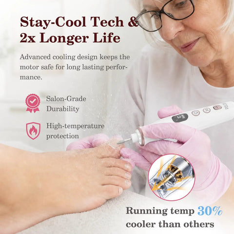 Portable Cordless Electric Nail File With Bright LED Glow, 10 Adjustable Speeds Rechargeable Manicure Drill in use on a foot.