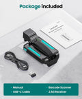 Package includes Bluetooth Barcode Scanner Wireless 2D 1D Back Clip Reader With USB C Wired And 2.4G Wireless Options, USB-C cable, manual, and receiver.