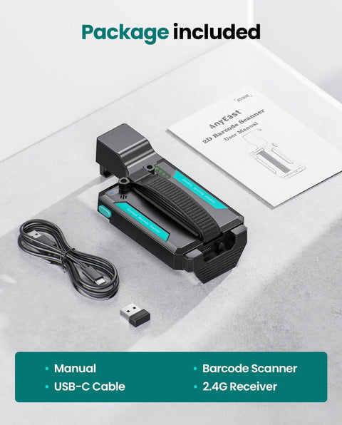 Package includes Bluetooth Barcode Scanner Wireless 2D 1D Back Clip Reader With USB C Wired And 2.4G Wireless Options, USB-C cable, manual, and receiver.