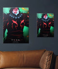 Badass Solo Leveling Metal Poster Featuring Tusk Design With Hot Anime Wall Art displayed on wall above a brown couch.