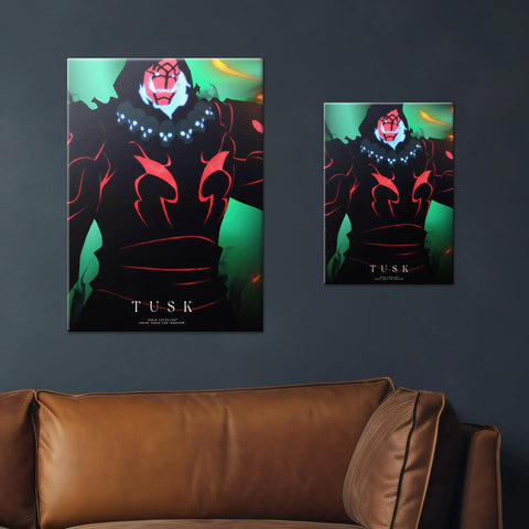 Badass Solo Leveling Metal Poster Featuring Tusk Design With Hot Anime Wall Art displayed on wall above a brown couch.