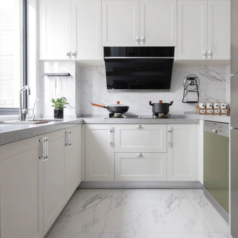 Modern kitchen with white cabinetry featuring 10 Pack Modern Acrylic Cabinet Handles With Clear Square Tube And Polished Chrome Base, 4 Inch Hole Centers