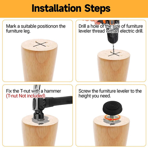 Installation steps for Threaded Adjustable Leveling Feet M8 12 Pack For Furniture, showing markings, drilling, and screwing.