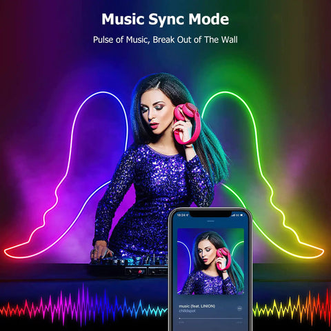 DJ using WiFi RGB Rope Lights with Music Sync, colorful LED strips creating vibrant backdrop, features smart control on phone screen. 