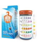 Premium 7 In 1 Pool And Hot Tub Test Strips For Crystal Clear Water Chlorine Bromine PH Alkalinity Fast Results Spa Kit No Guesswork Testing System in packaging with test bottle.