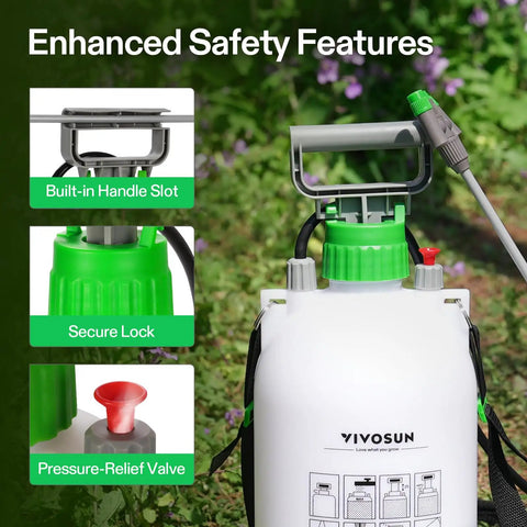1 Gallon Garden Sprayer With 3 Nozzles For Plants Weeds And Lawn Care, focus on safety features like handle slot and secure lock