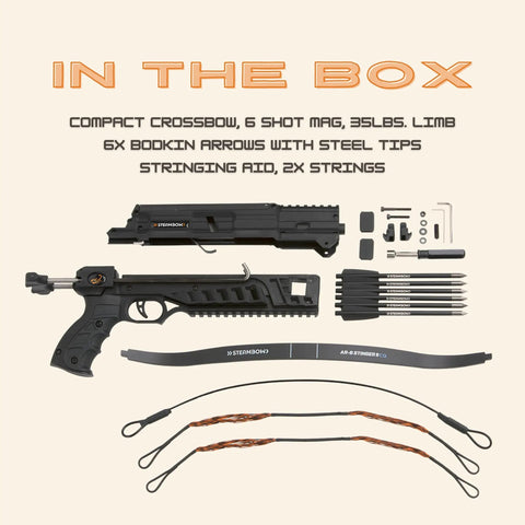 AR-6 Stinger II Compact 6-Shot Repeating Crossbow Black For Stealth Hunting And Tactical Use components shown