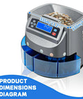 Slick Automatic Coin Counter And Wrapping Machine Featuring No Fuss LCD Screen showing product dimensions diagram with coin intake.