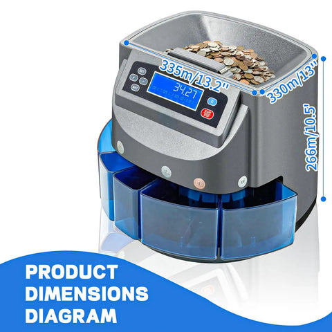 Slick Automatic Coin Counter And Wrapping Machine Featuring No Fuss LCD Screen showing product dimensions diagram with coin intake.