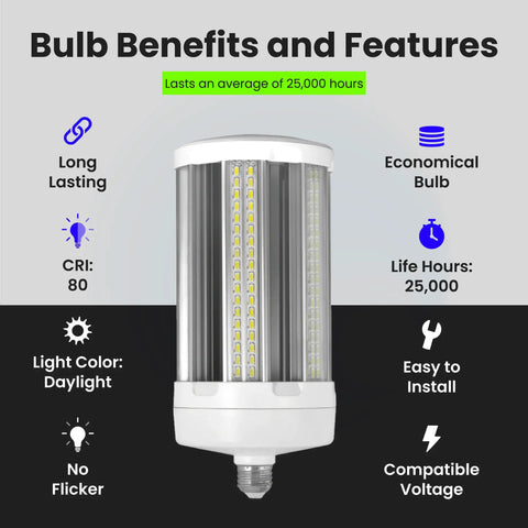 LED Corn Cob Light Bulb 20,000 Lumen Daylight 5000K, 1000 Watt Equivalent, 13.4 Inch Height By 5.3 Inch Diameter, Energy Saving Retrofit For Mercury Vapor And High Pressure Sodium Lamps