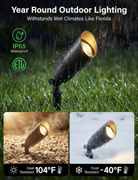Smart RGBCW 12V Landscape Lighting Kit with spotlights on wet grass, showcasing IP65 waterproof and temperature resistance.