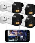 Four-pack 2K Outdoor Security Camera with Color Night Vision, 3MP Wired Network Camera, IP65 Weatherproof, 24/7 Live Video, Two Way Audio, Cloud Storage or SD Slot, Alexa Compatible, showing surveillance on phone screen.