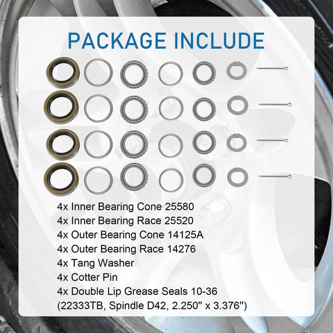 Heavy Duty Trailer Hub Bearing Kit For 5200-7000 Lb Tandem Axles, Set Of 4, Built To Haul With Double Lip Grease Seals 10-36 22333TB