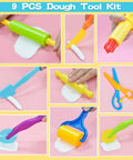 9-piece kids' dough tool kit with colorful rolling pins, cutters, scissors, and plastic knives.
