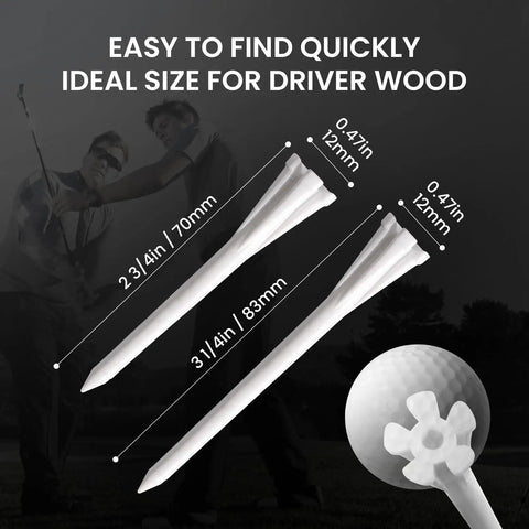 Plastic Golf Tees Unbreakable Bulk Pack 200 500 1000 Count Two And Three Quarters Inch To Three And A Quarter Inch Stable Driving Range Tees Low Friction For Longer Drives White Green Red USA Flag Colors, two golf tees with measurements