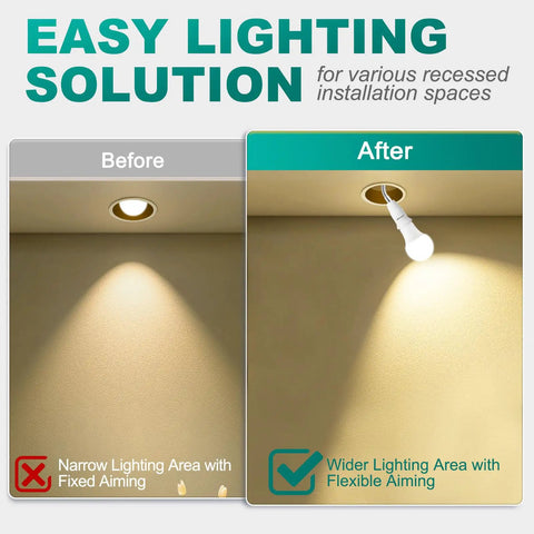 Flexible E26 Socket Extender 6.1 Inch All Directional Adjustable Adapter for Lamp Bulbs comparison before and after installation