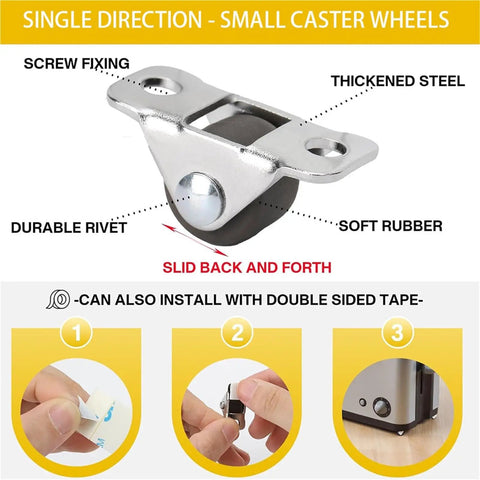 Butter Smooth Furniture Casters 4 Pack 1.25 Inch Low Profile Rubber Mini Swivel Wheels showing small caster wheel with thickened steel and soft rubber.