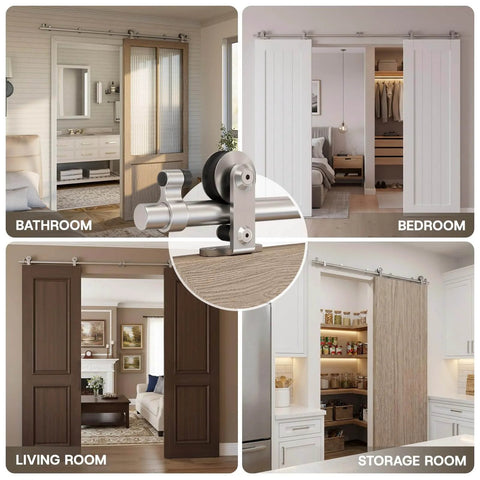 Heavy Duty Stainless Steel Top Mount Sliding Barn Door Hardware Kit For Interior Or Exterior Use Ultra Quiet Smooth Rolling Track Fits Single Doors Up To 25 Inches Wide Easy To Install shown in various room settings