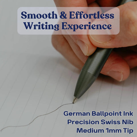 Close-up of a hand using Three Pack Luxury Metal Ballpoint Pens Set For Teachers And Pros, Sleek Modern Writing Tools on paper.