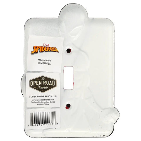 Back view of Spider Man Embossed Metal Light Switch Plate Decor For Bedroom And Man Cave Licensed Marvel Gear Durable Embossed Wall Switch Cover With Dope Hero Artwork, showing brand labels.