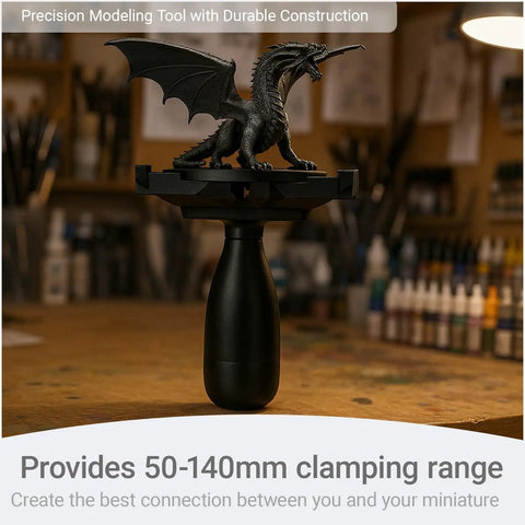 Large Magnetic Base Miniature Painting Handle With Stable Clamp For 50mm To 140mm Bases, Ergonomic Grip, holding a dragon figure