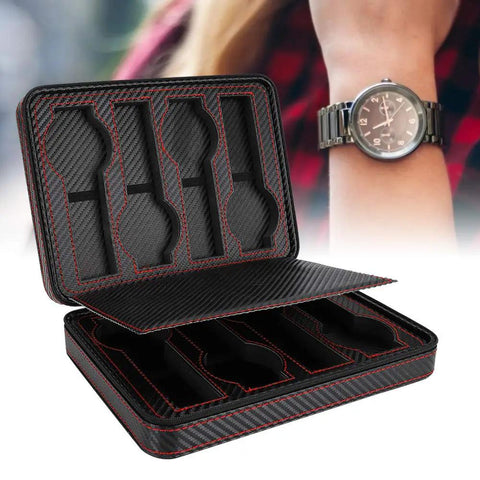 Premium Eight Grid Watch Display Tray With Genuine Leather Exterior And Heavy Duty Divider Plate For Smart Countertop Flex And Scratch Proof Setup To Keep Your Collection Locked In Style, open view showing slots.