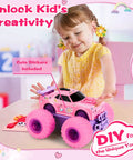 Princess Themed Remote Control Monster Truck For Girls With DIY Sticker Kit, cute young girl customizing toy car indoors.