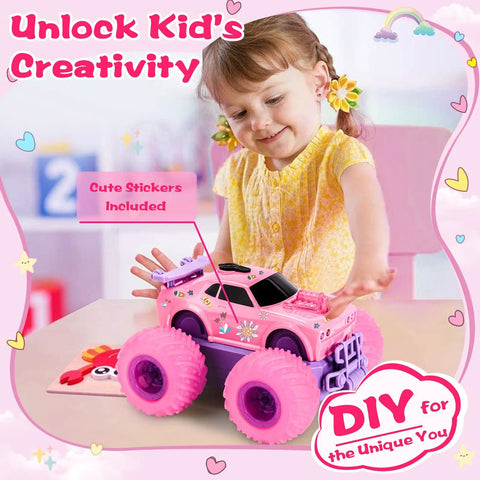 Princess Themed Remote Control Monster Truck For Girls With DIY Sticker Kit, cute young girl customizing toy car indoors.