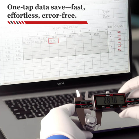 True Wireless Digital Caliper 0-6 Inch 150mm With One-Click Data Transfer To Excel Phone PC, Stainless Steel Measuring Tool displaying measurement on laptop