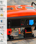 Portable generator with features; shown with 12/3 SJTW Outdoor Extension Cord With Lighted End, 50 Foot Long, Contractor Grade.