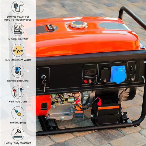 Generator on stone surface with visible lighted end cord, highlighting features with icons like 15 amp, 125 volts.