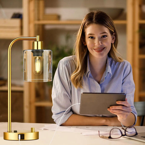 Gold Industrial Table Lamp Set With USB Port, Dope Stepless Dimmable Bedside Lamps with Clear Glass Shade, woman using tablet