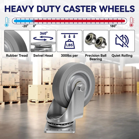 Close-up of 4 Inch Heavy Duty Industrial Caster Wheels Set Of 4 Non Marking Rubber Tread with swivel head in a warehouse setting.