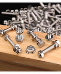 Stainless Steel Hex Head Screws Nuts And Washers Set For DIY Enthusiasts Full Hardware Assortment Kit with multiple sizes on wood surface