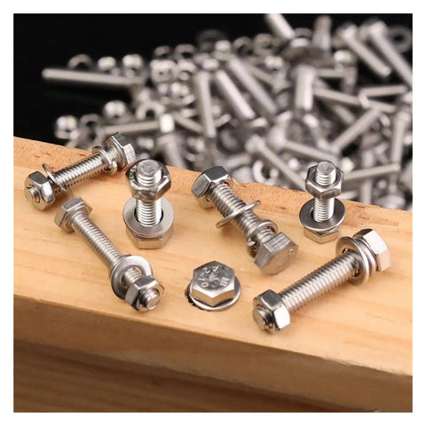Stainless Steel Hex Head Screws Nuts And Washers Set For DIY Enthusiasts Full Hardware Assortment Kit with multiple sizes on wood surface