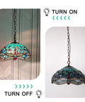 ARTZONE Antique Tiffany Pendant Light Fixture Stained Glass Hanging Lamp in on and off states, showcasing intricate stained glass design.