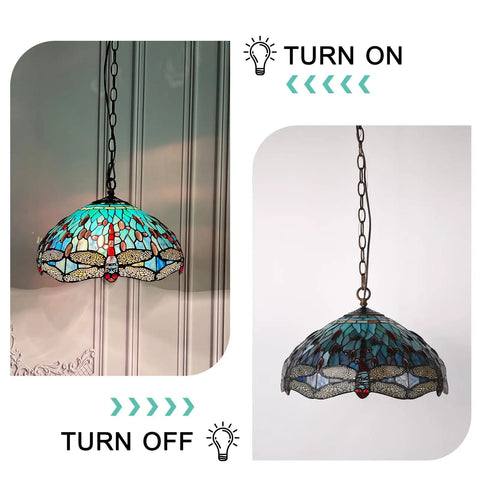ARTZONE Antique Tiffany Pendant Light Fixture Stained Glass Hanging Lamp in on and off states, showcasing intricate stained glass design.