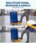 Heavy Duty Steel Drum Dolly Cart For 55 Gallon Oil Barrels With Cushioned Handle, adjustable handle demonstrated.
