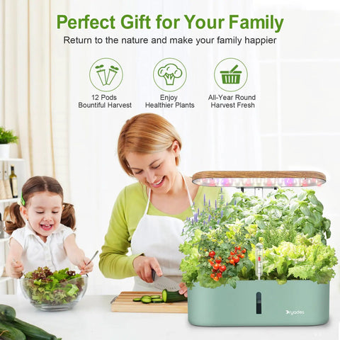 Woman and child using Indoor Hydroponic Garden System With 12 Pods And LED Grow Light, Aeroponic Herb And Veggie Kit in kitchen.