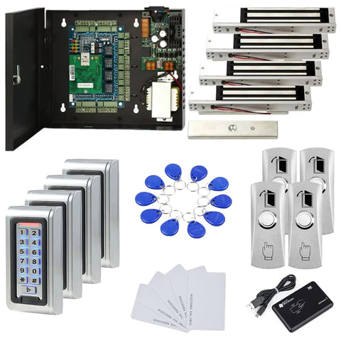 Rugged Weatherproof Metal Keypad Reader For Four Doors Access Control Kit Outdoor With Magnetic Lock And 110V Power Box RFID Cards