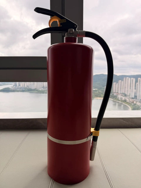 Multi Purpose ABC Dry Chemical Fire Extinguisher 2 Pack 10 Pounds showcased against a city view with quick release handle.