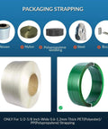 Image shows packaging strapping materials, including PP and PET types for No Sweat Battery Powered Electric Strapping Machine Featuring Hot Melt Welding, Rugged 4000 Mah Cell Fits Half To Five Eighth Inch Tape, Job Site Ready Adjustable Tension For Effortless Box Bundling And Pallet Securing.