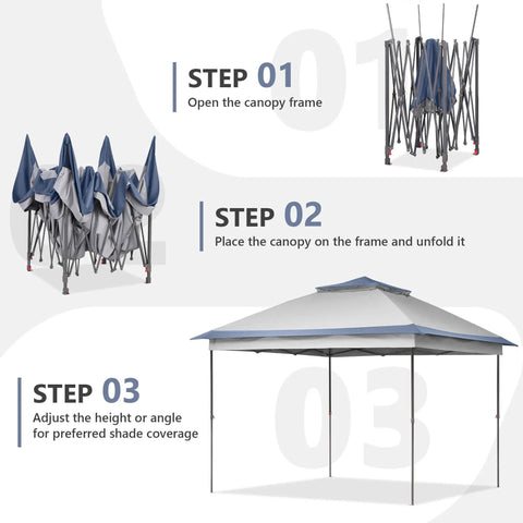 Steps to set up 11x11 Pop Up Canopy Tent With Netting And Carry Bag, Easy Setup Outdoor Gazebo For Backyard shown in a diagram.