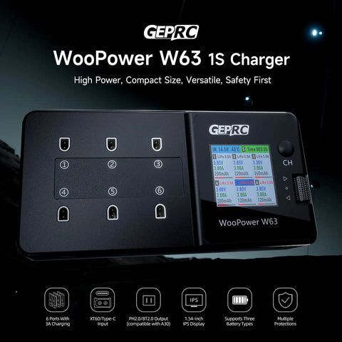 W63 FPV Drone Charger With Six Independent Ports, 3A Fast Charge, and Dope IPS Display