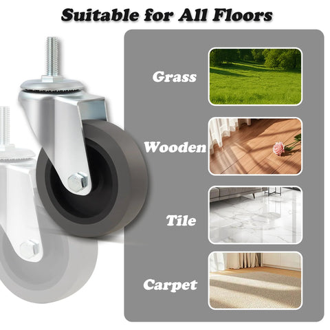 Casters Set Of 4 3 Inch Threaded Stem Caster Wheels M8 1.25x25mm Heavy Duty Rubber Castors With 360 Degree Swivel Floor Safe TPR Core