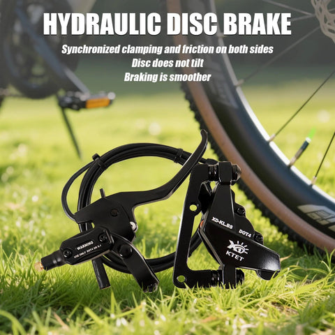 KTET hydraulic disc brake kit for e-bikes, front and rear calipers with hoses, black finish, includes hose cutting tool.