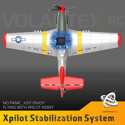 Top view of Four Channel RC Plane P51 Mustang Ready To Fly with X Pilot Stabilization and visible XPilot system