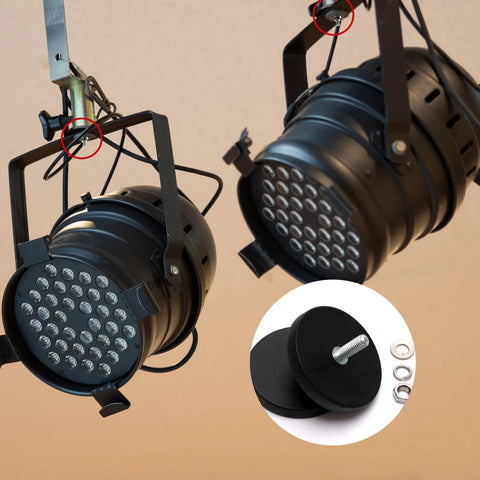 Winspeed M5 rubber-coated neodymium magnet mounting magnets with M5 studs, 30 lb capacity; two black LED floodlights shown.