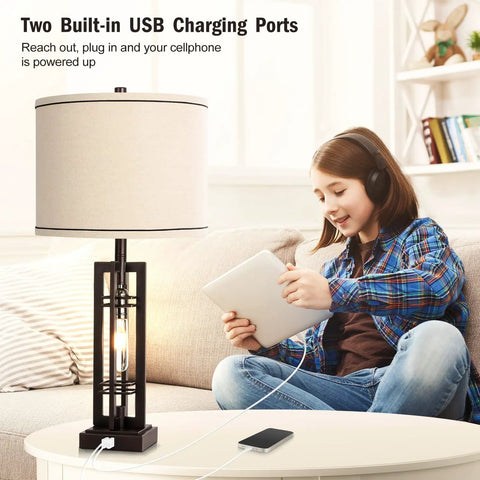 Tall Farmhouse End Table Lamps With Built In Outlets And USB Ports, rustic industrial style in a living room with beige finish