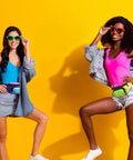 Two women wearing 80s Neon Fanny Pack With Two Zipper Pockets Belt Bag For Women And Men Waist Pack For Festivals And Holiday Parties